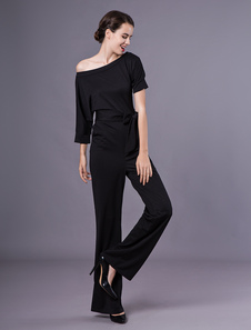 Black Women Jumpsuit One Shoulder Short Sleeve Asymmetrical Straight Leg Long Jumpsuits thumbnail