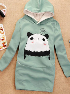 Sweet Panda Pea Green Combed Cotton Fleece Women's Hoodie