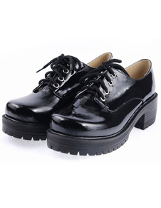 Chaussures de Lolita noires en Cuir Verni à Bout rond et Talon carré avec Lacets de Dentelles
