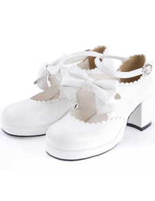 Talons Chunky blanche Sweet Lolita Chaussures Pony talons cheville sangle Bow Decor bout rond