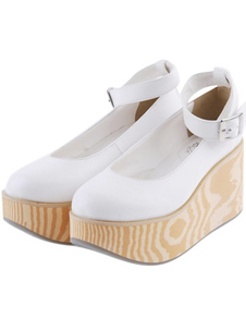 Belle Chaussure de Lolita Blanche en Cuir verni à Bout rond et Talon compensé avec Ruban des Chevill