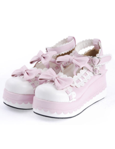 Sweet Pink White Heart Shaped Buckle Round Toe Wedge Heel Lolita Shoes