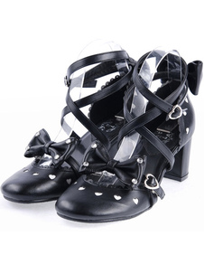 Chaussures de Lolita Punk noires en PU Croisées à talon carré avec Nœuds