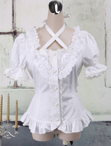 Toussaint Cospaly Costume Lolita blanc Blouse manches courtes encolure bretelles garniture volants e
