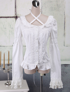 Coton blanc Lolita Blouse manches longues dentelle garniture bandoulières ronde collier