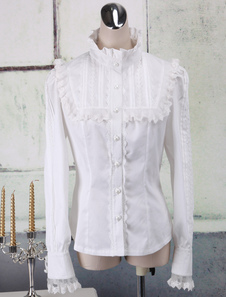 Toussaint Cospaly Costume Lolita blanc Blouse manches longues col Stand en coton avec dentelle