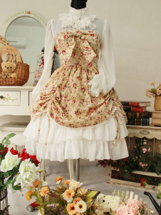 Classic Beige Ruched Long Sleeves Cotton Lolita Dress