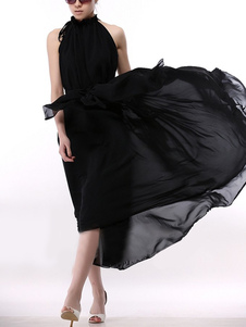 Robe maxi en chiffon noir moulant avec ceinture col bénitier