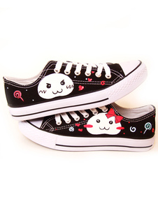Chaussures en toile noir peint de chat à lacets