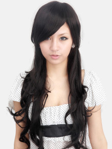 Perruque longue frisée noire dégradé avec frange oblique