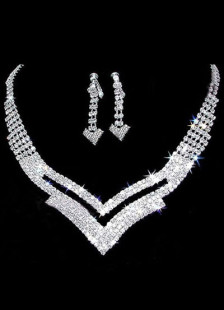 Fashion Silver Plated Rhinestone Necklace Earrings Wedding Jewelry Set