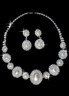 Round Pearl Silver Plated Rhinestone Bridal Jewelry Set