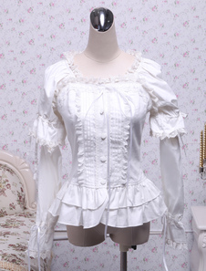 Garniture en dentelle blanc coton Lolita Blouse longue manches Square Neck volants dentelle Bow en c
