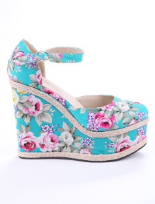 Sandales à talons compensés bohémiennes bleues rubans aux chevilles