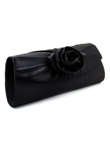 Pochette de soirée plissée en satin noir avec fleur à chaîne