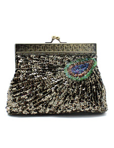 Pochette de soirée en soie à motif paon avec paillettes