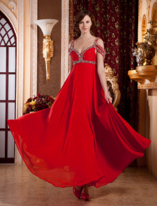 Robe de soirée A-ligne rouge en fausse soie hors de l'épaule longueur plancher