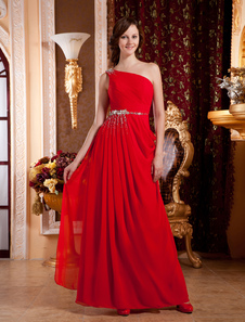 Robe prête à porter rouge à une épaule avec strass