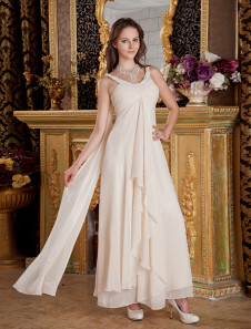 Robe de soirée A-ligne champagne en chiffon à bretelles longueur plancher