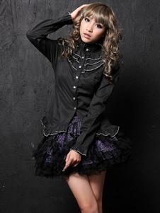 Blouse lolita noir en coton mélangé col roulé avec volant