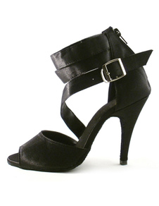 Chaussures de danse latine à talon aigu noires en satin