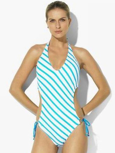 Séduisant bikini d'une pièce sexy en spandex et polyester bleu avec rayures à dos décolleté