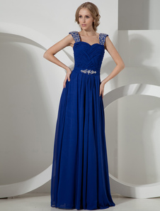 Robe de soirée A-ligne bleue royale en chiffon à bretelles longueur plancher