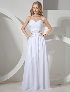 Robe de soirée A-ligne blanche en chiffon encolure coeur longueur plancher