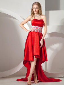 Robe de soirée A-ligne rouge en satin élastique bustier à ourlet asymétrique