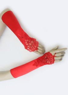Gants mitaines en satin rouge nuptiaux longueur de coude