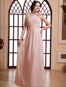 Romantic Pink Chiffon One Shoulder Floor Length Bridesmaid Dress
