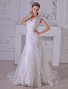 Robe de mariage sirène en satin et organza col V traîne chapelle