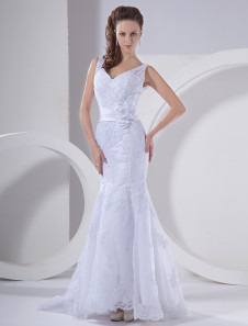 Robe de mariage sirène blanche en organza col V traîne courte