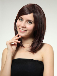 Perruque moyenne brune foncée avec frange oblique et droite