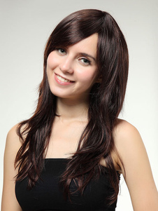 Perruque douce longue frisée brun foncée en faux cheveux