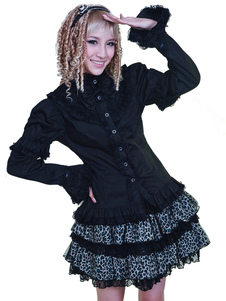 Chemisier lolita classique en coton unicolore avec volant vertical col montant