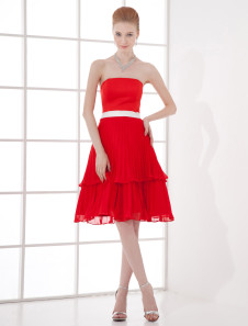 Robe de cocktail séduisante rouge en chiffon bustier longueur genou