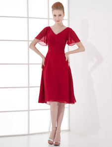 Robe de cocktail A-ligne bordeaux de col V