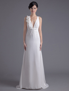 Robe de soirée A-ligne ivoire en chiffon col V à traîne