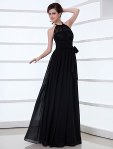 Robe de soirée A-ligne en chiffon noir avec dentelle à licou