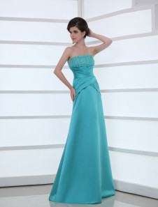 Robe de soirée bustier en satin bleu avec applique