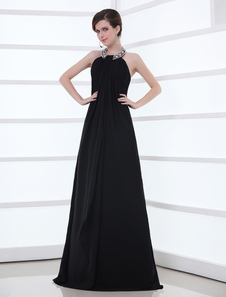 Robe de soirée A-ligne en chiffon noir avec strass à licou