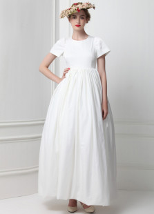 Robe de soirée A-ligne en taffetas blanc col rond longueur cheville