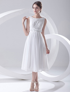 Robe de cocktail A-ligne blanche en chiffon col rond