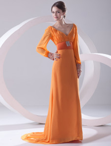 Robe de soirée fourreau orange en chiffon col V traîne courte