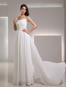 Robe de mariée ivoire en chiffon hors de l'épaule traîne watteau