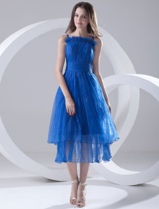 Robe de cérémonie A-ligne bleue royale en organza à bretelles