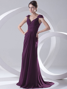 Robe de soirée A-ligne pourpre en chiffon hors de l'épaule à traîne