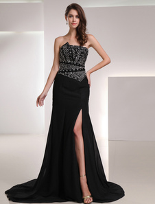 Robe de soirée fourreau bustier fendue en chiffon noir avec perles