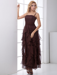 Robe de bal multicouche en chiffon marron à bretelles et volants